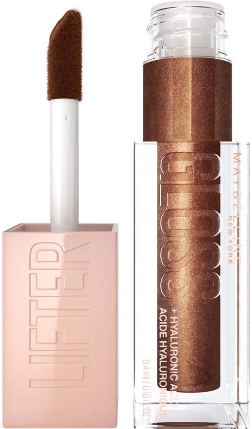 En läppglansrör märkt 'LIFTED' med en brun nyans och applikator, bredvid en klar behållare med brun pigment.