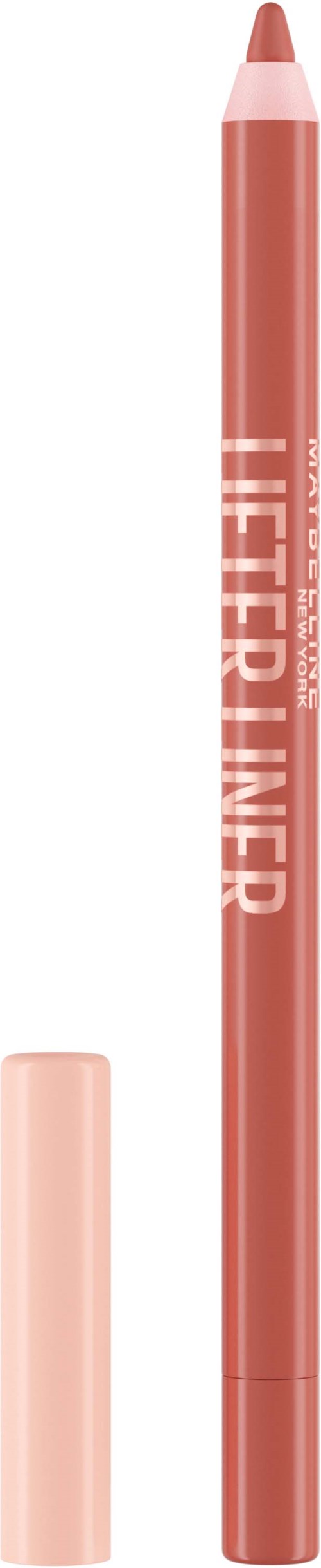 Ein pinker Lippenkonturenstift mit Kappe, mit der Aufschrift "LIP LINER" entlang des Körpers, stehend.