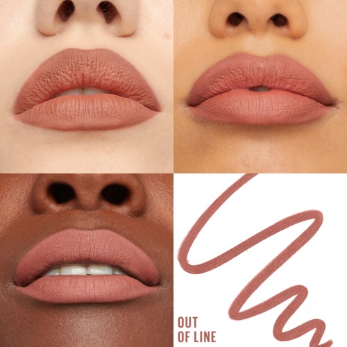 Vier Bilder von Lippen mit unterschiedlichen Make-up-Stilen und einem Lippenstiftmuster auf weißem Hintergrund.