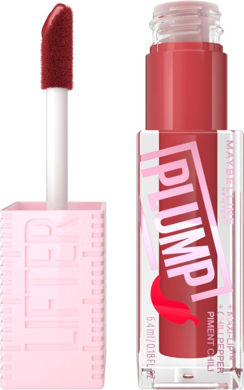 Läppglans med rosa behållare och röd applikator, märkt "PUMP" med körbärsdesign.