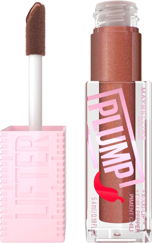Ett flytande läppstift med en rosa rektangulär förpackning och applicator, samt en tydlig tub som visar en rosa-brun färg.