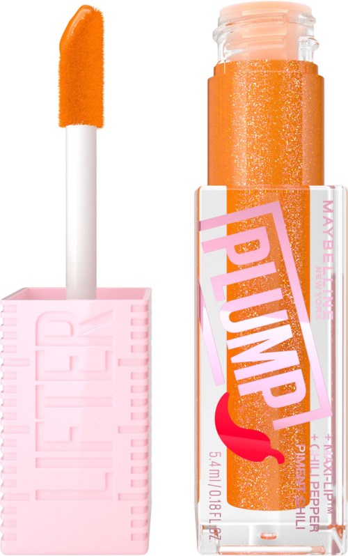 Ljust orange läppglans i en rosa behållare med en vit applikatorstift.