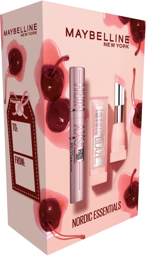 Sminke- og hudpleieprodukter fra Maybellines Nordic Essentials-kolleksjon i rosa emballasje med kirsebær og en gaveetikett.