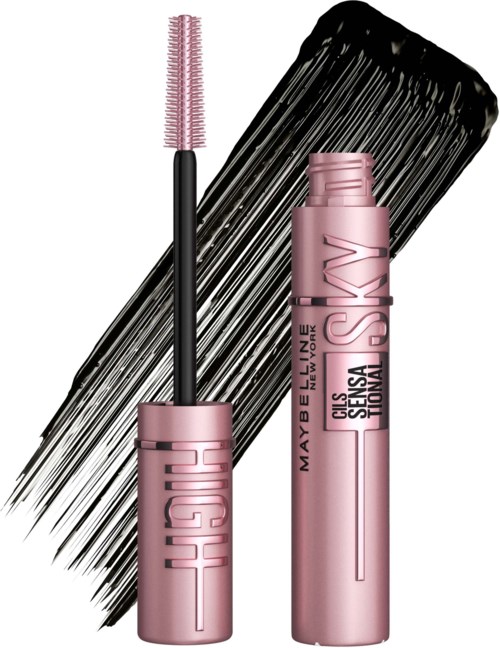Rosa mascara-emballasje med teksten HIGHLIGHT og en børsteapplikator på en svart børstestrøk bakgrunn.