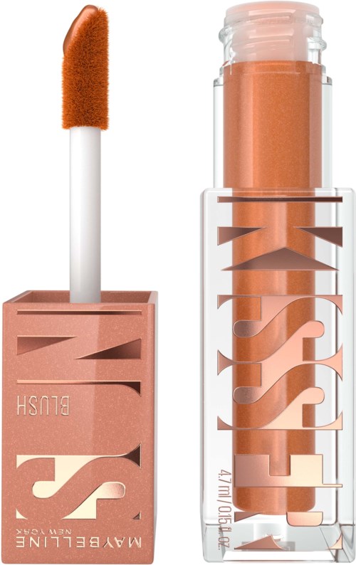 Ein Lippenstift mit peachfarbenem Lipstick, der Deckel zeigt den Markennamen "Maybelline" und Lippenstift ist hochgedreht.