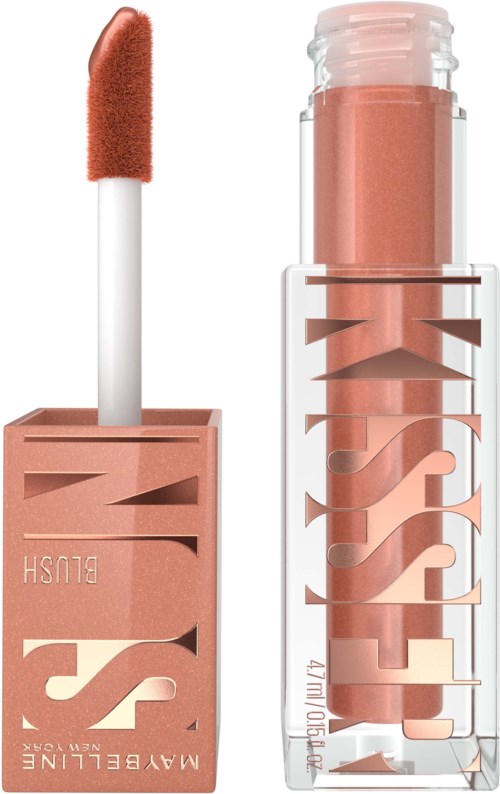 Een lipstick met een perzikkleur, open met de applicator zichtbaar, en een cilindrische container.