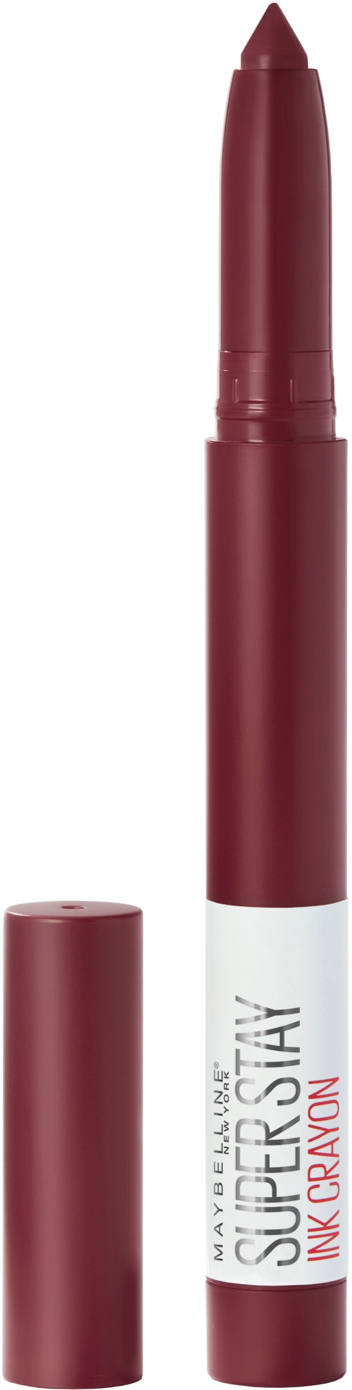En röd markör med vit etikett och lock, kallad 'Super Shiny Ink Crayon.'