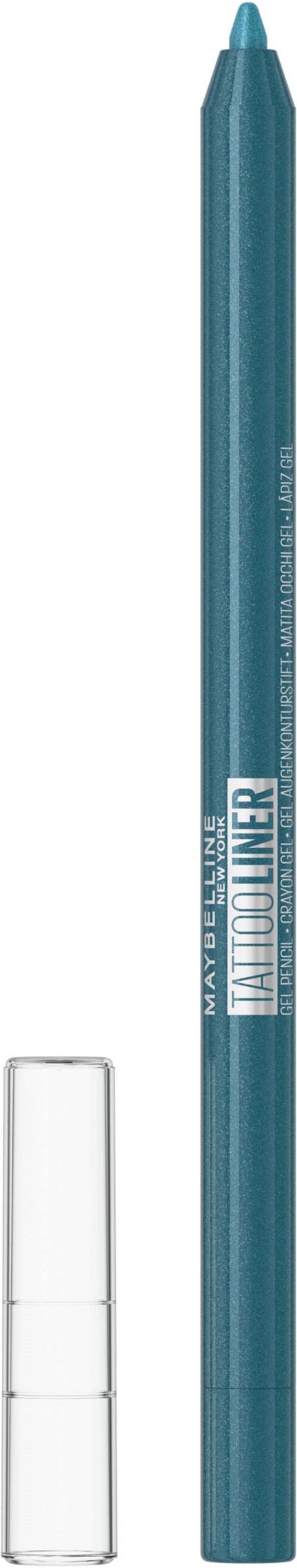 Ein blauer Eyeliner-Stift mit klarem Deckel und silberner Schrift, stehend.