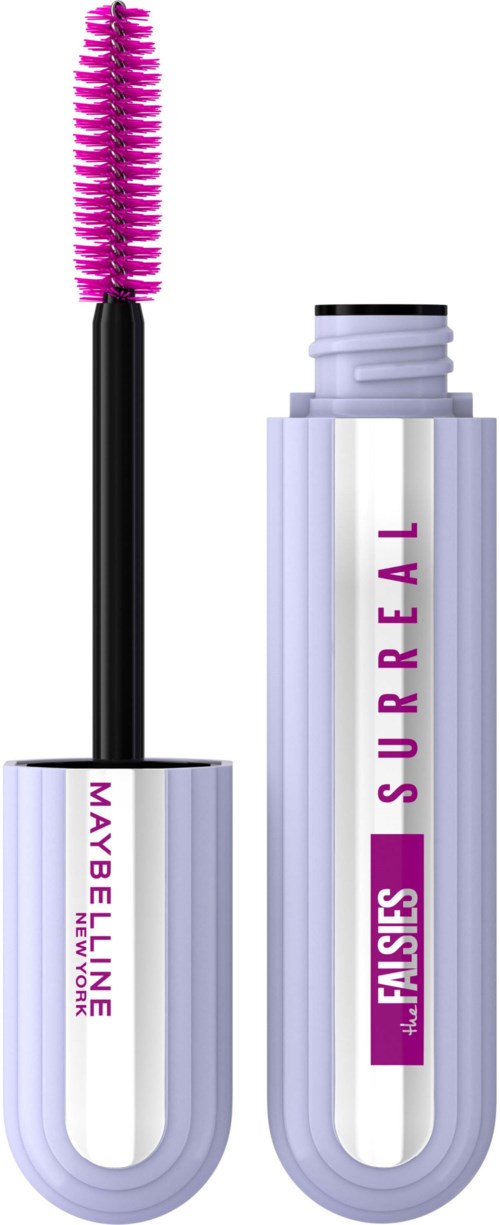 Een roze mascara borsteltje en tube met paarse tekst die Maybelline en mascara noemen.