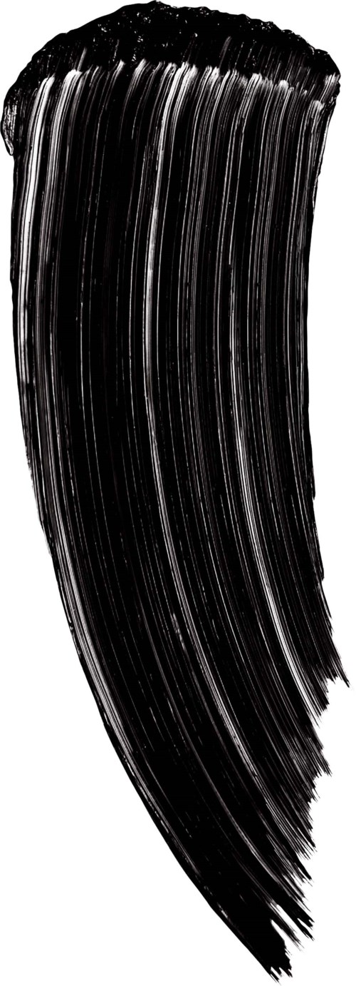 A large black brush stroke curves downward, with visible texture and varying thickness, on a white background.