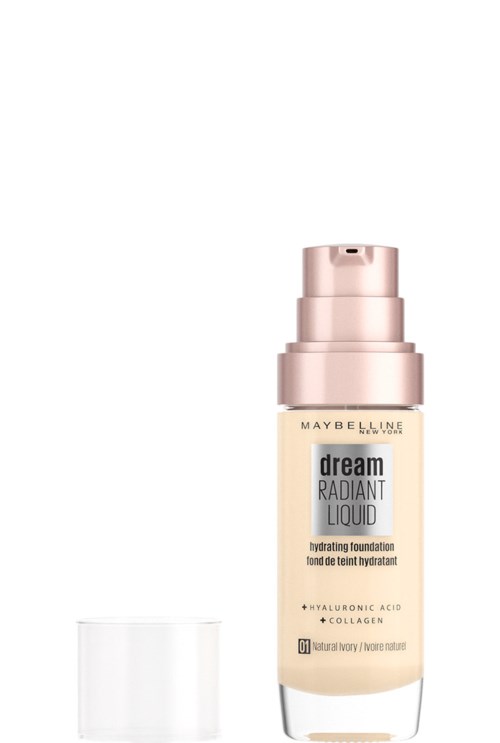 En flaska makeup från Maybelline, märkt "dream RADIANT LIQUID," med pump och ett separat genomskinligt lock.