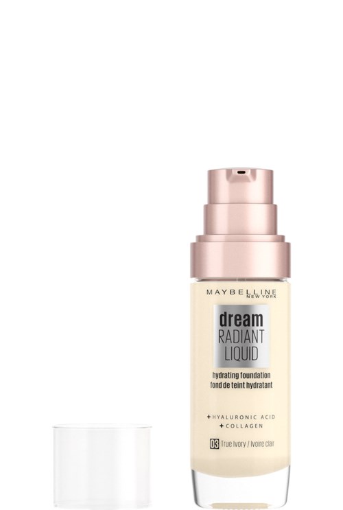 En Maybelline Dream Radiant Liquid foundationflaska med en roségulds pump och lock.