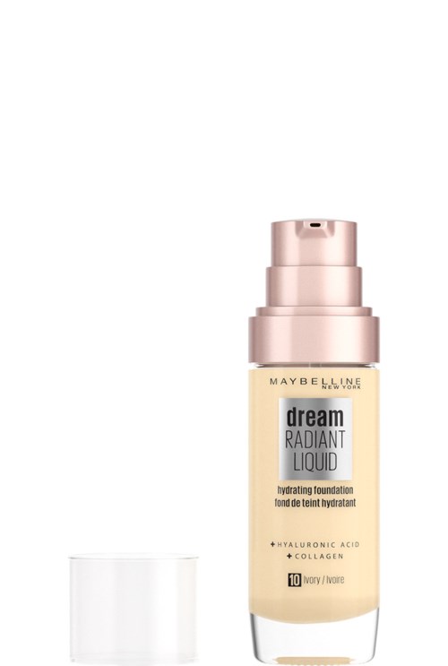 En flaska med Maybelline Dream Radiant Liquid foundation med rosa pump och genomskinlig lock.
