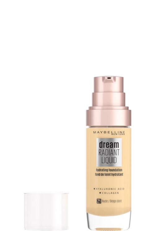 En flaska av Maybelline Dream Radiant Liquid foundation med pump, vit lock, och beige etikett.