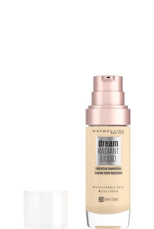 En flaska med Maybelline Dream Radiant Liquid foundation med pump, märkt som återfuktande med hyaluronsyra och kollagen.