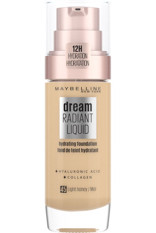 En flaska med Maybelline Dream Radiant Liquid foundation med SPF 45, hyaluronsyra, kollagen och ljus honungsfärg.
