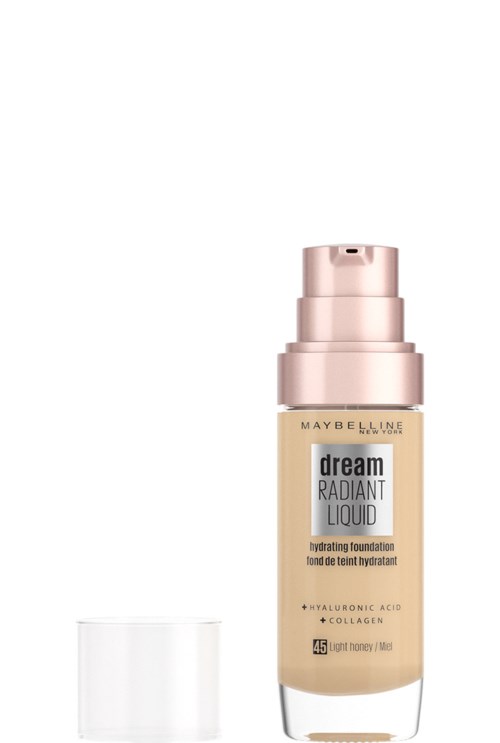 En flaska med Maybelline Dream Radiant Liquid foundation med pump och genomskinlig lock.