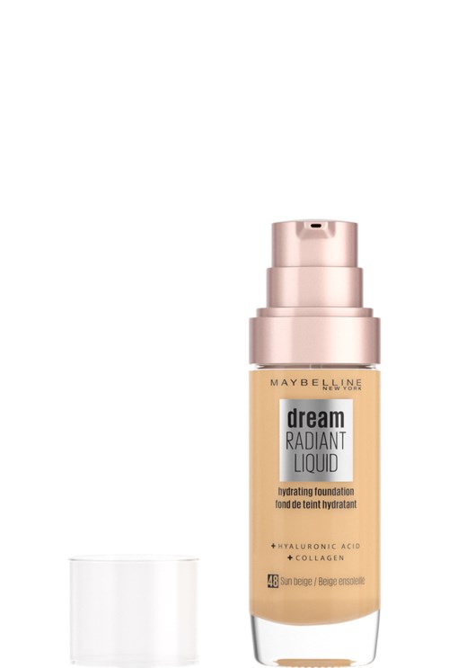 En flaska med Maybelline Dream Radiant Liquid foundation med pump, bredvid en klar topp.