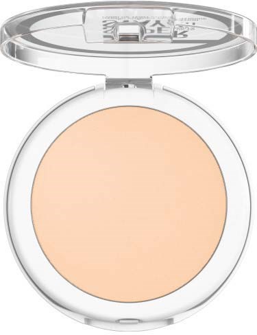 Ein kompakter Puder mit transparentem Deckel, der das beige Puder zeigt.