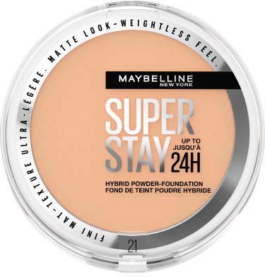 Maybelline Super Stay hybrid puderfoundation i en rund behållare, med text som visar 24 timmars hållbarhet och matt finish.