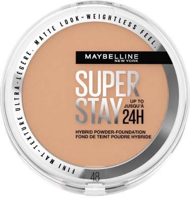Ett kompakt Maybelline foundations med beige färg, märkt "Super Stay," som håller i 24 timmar i en rund behållare.