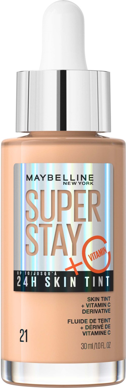 Maybelline Super Stay 24H Skin Tint -pullo, jossa on C-vitamiinia, vaaleassa sävyssä, valkoisella pipetillä.