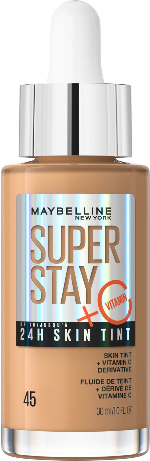 En flaska med Maybelline SuperStay 24H Skin Tint med pipettlock, märkt som vitamin C ansiktsfärg.