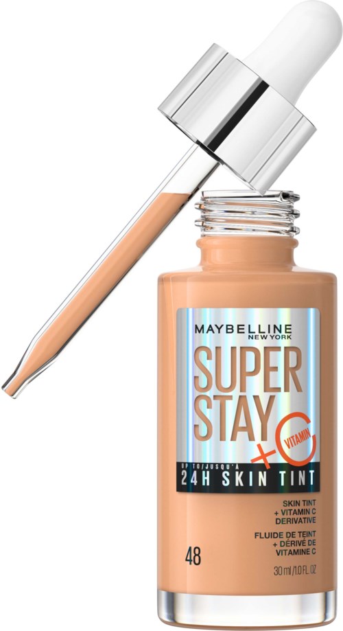En flaska Maybelline Super Stay 24H Skin Tint med pipettapplikator.