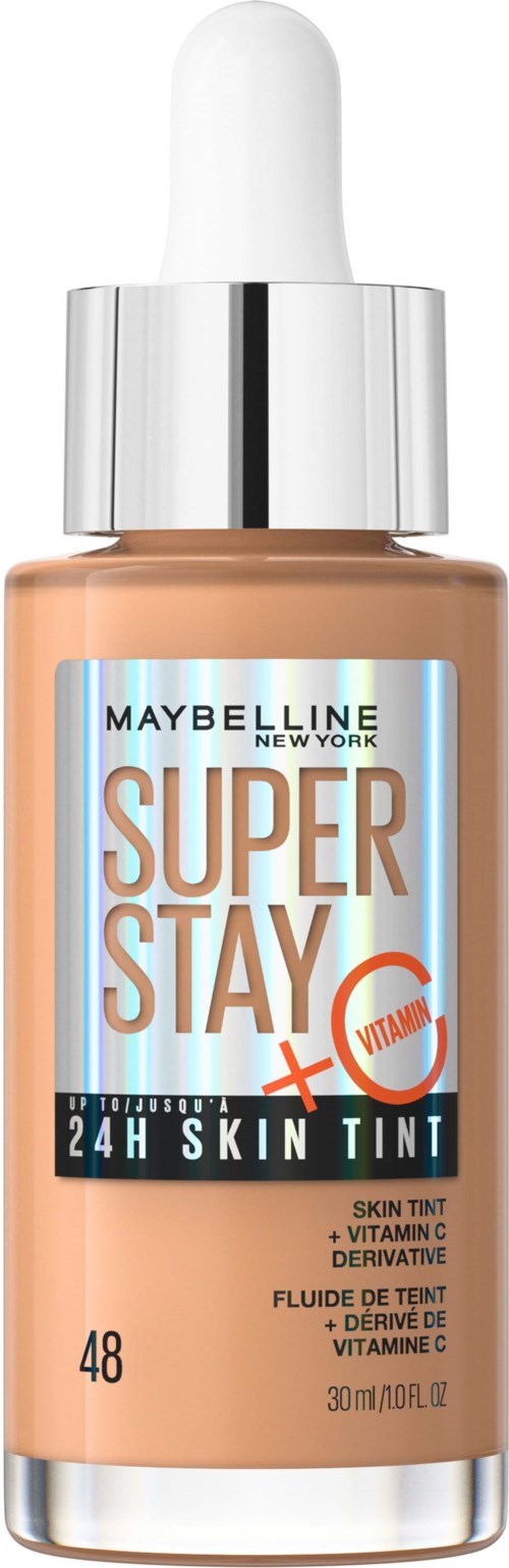 En flaska Maybelline Super Stay 24H Skin Tint med en pipett, beige färg och silverlock.