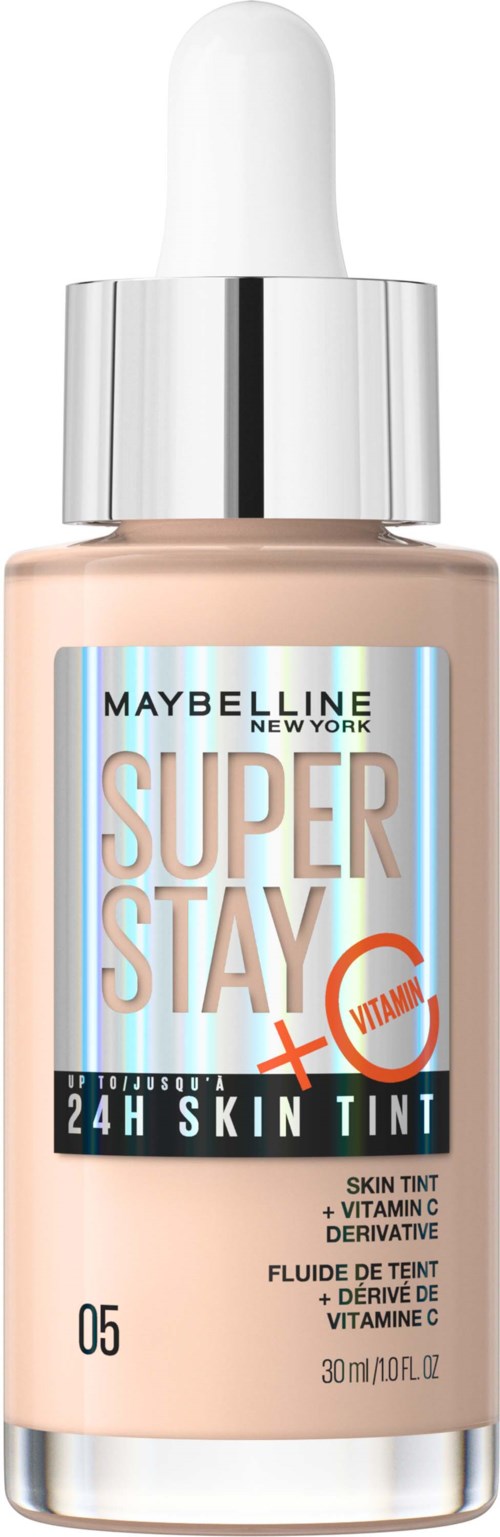 En sminkflaska märkt 'Maybelline Super Stay 24H Skin Tint' med vit lock och ljus beige vätska inuti.