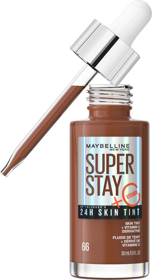 En brun hudvårdsflaska med pipett, märkt 'Super Stay' och '24H Skin Tint'.