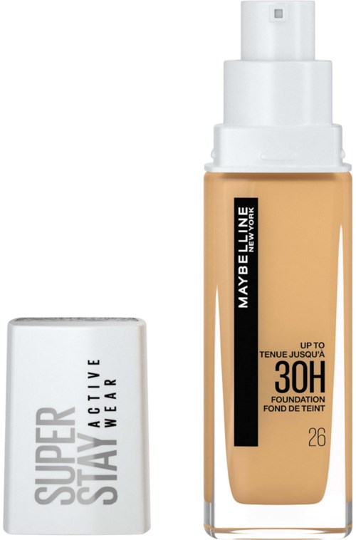 En foundationflaska med pump, märkt Maybelline, upp till 30 timmars hållbarhet, och en vit kork med text.