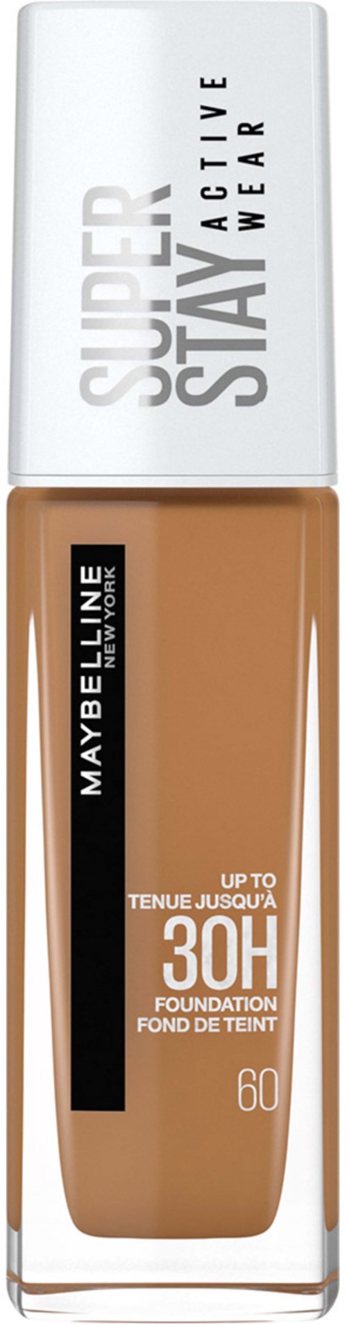 Maybelline foundationflaska med SPF 30, beige färg och vit lock med svart och silvertext.