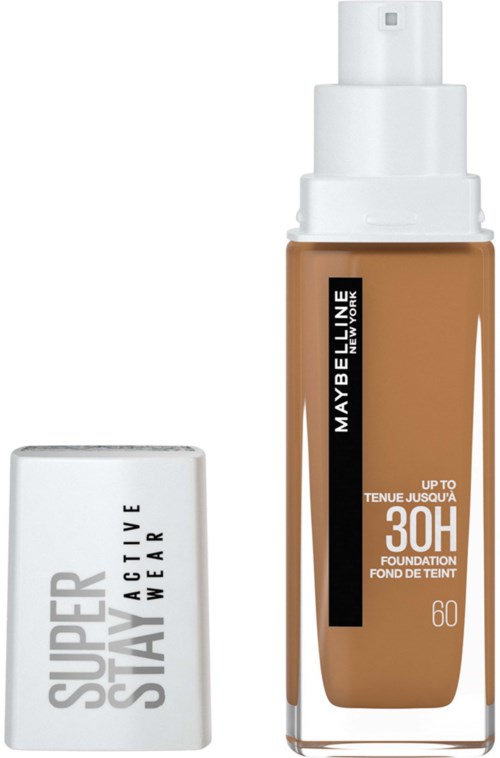 Flaska av fondation med pump, ljusbrun färg, Maybelline New York-logotyp och SPF 30 skrivet.