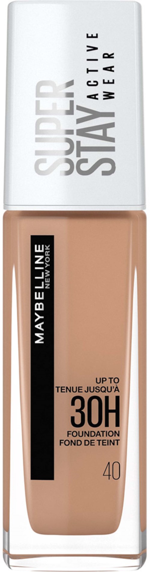 En Maybelline Foundation-flaska visar SPF 30, beige vätska inuti med vit hållare och svart text.