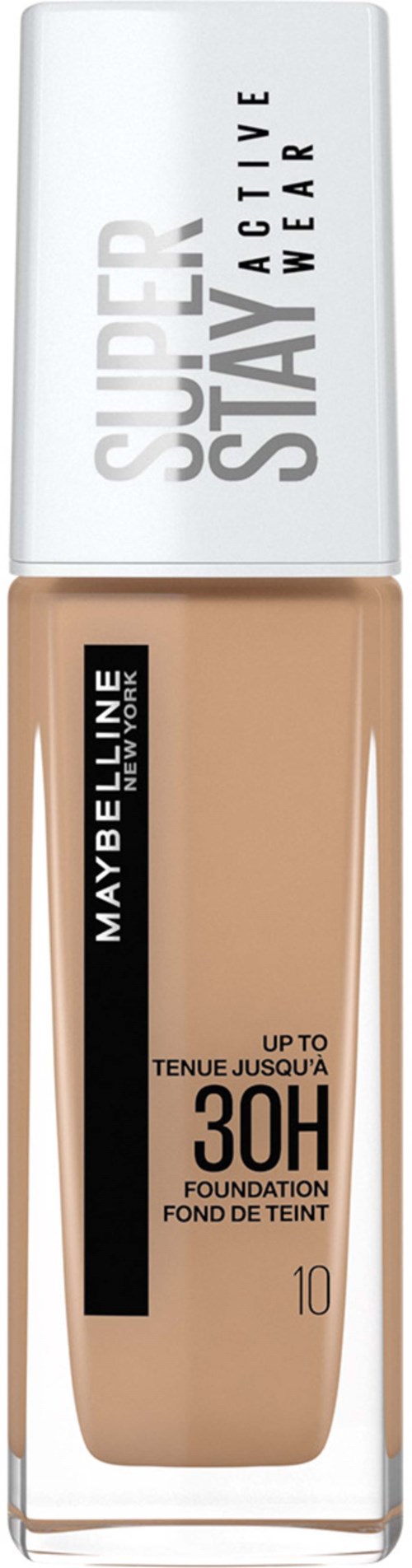 En foundationflaska märkt 'Maybelline Super Stay' med SPF 30 och färg 10.