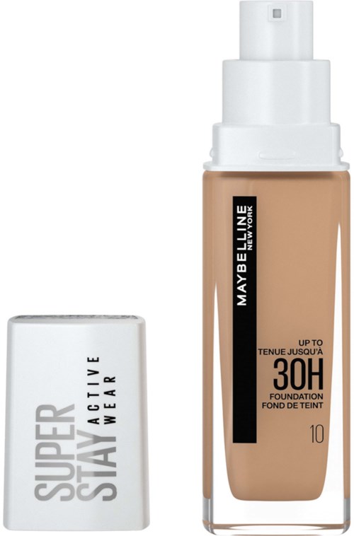 En flaska med Maybelline-foundation med pump och SPF 30-märke, tillsammans med en vit lock märk 'Super Stay.'