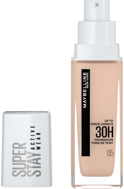 Maybelline foundationflaska med SPF 30, i beige färg, visar täckning och solskyddsdetaljer.