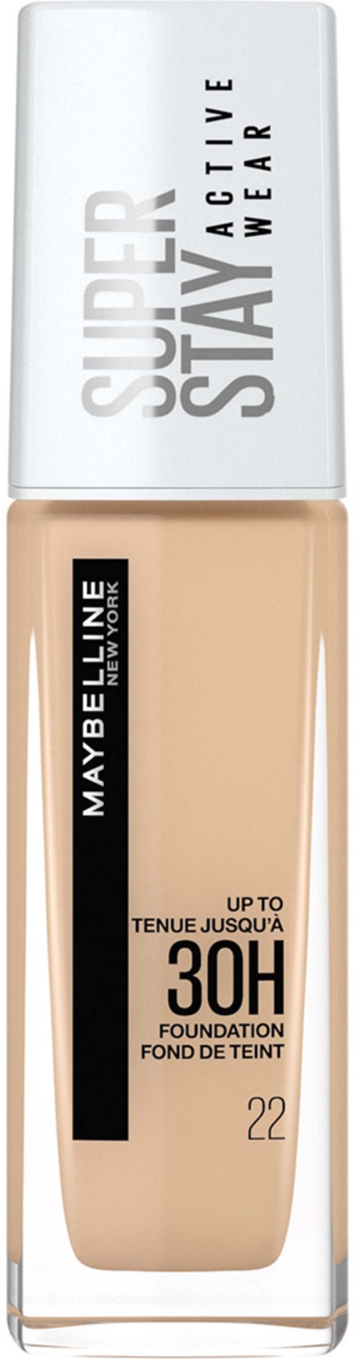 Maybelline foundationflaska med SPF 30, nyans 22, i en tydlig rektangulär behållare.
