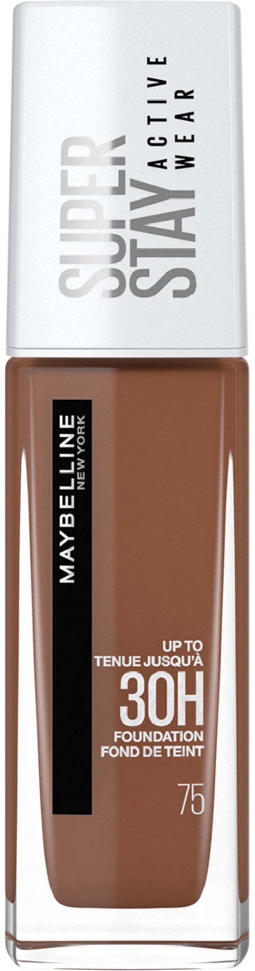 Een Maybelline foundationfles met witte dop, zwart etiket en tekst over tot 30 uur draagkracht.