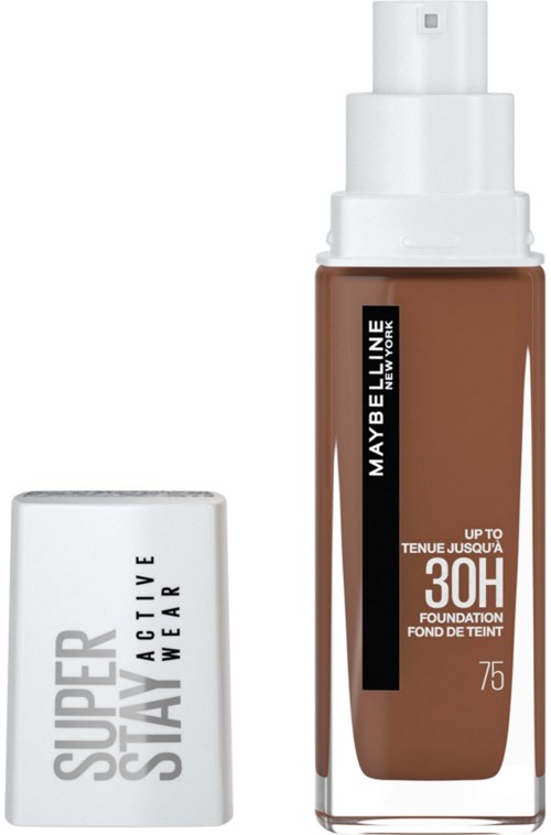Maybelline foundationfles met pomp en witte dop, met zwarte en witte labeldetails.