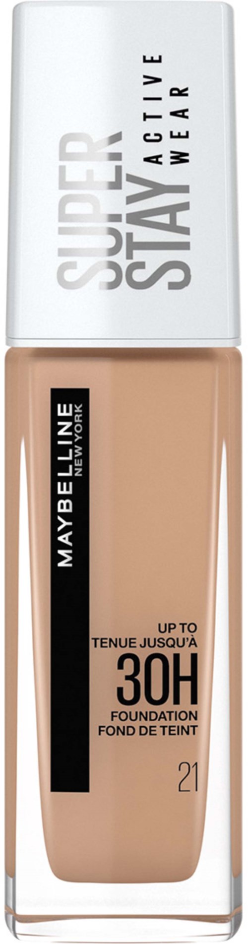 Foundationsflaska med vit lock, beige vätska, Maybelline-märke, upp till 30 timmars hållbarhet, aktiv super stay wear.