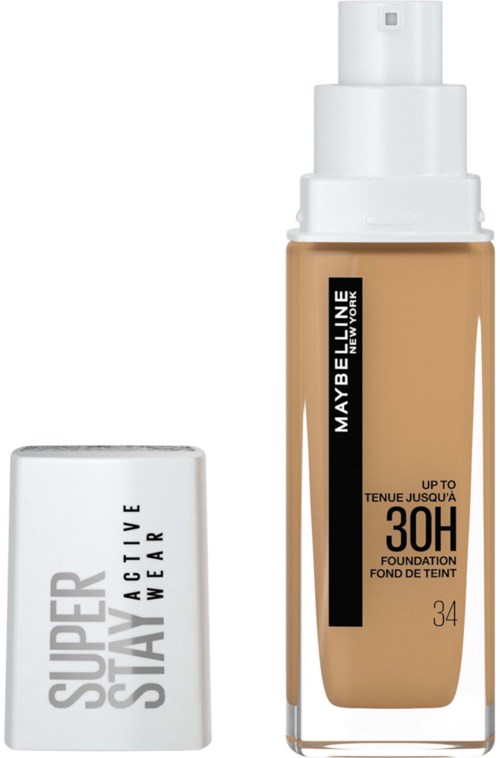En flaska foundation med spraytoppar och vit lock, märkt Maybelline, upp till 30 timmars hållbarhet.
