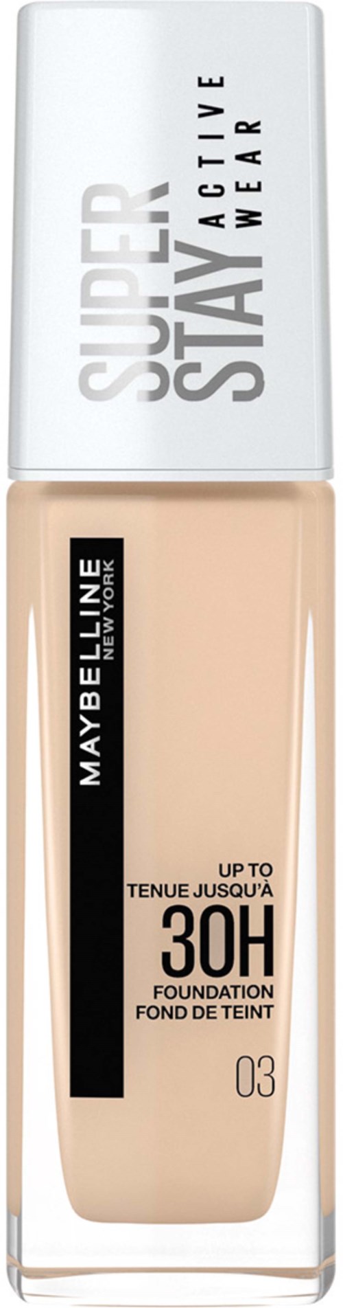 Foundationflaska med vit lock, svart text och beige vätska synlig inuti. Det är Maybelline Superstay-produkten för långvarigt bruk.