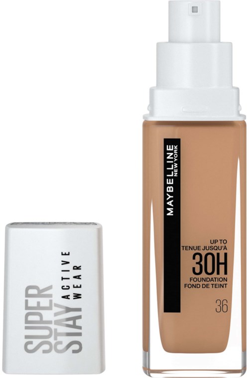 En foundationflaska märkt Maybelline med pump, bredvid en vit lock märkt Super Stay. Foundationen är för upp till 30 timmars hållbarhet.