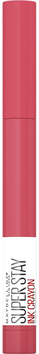 En rosa och vit makeupprodukt med lock, märkt som Maybelline Superstay Ink Crayon, i en slank design.