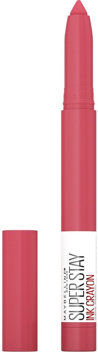 En rosa läppstiftspenna med lock, märkt Maybelline Super Stay Ink Crayon.