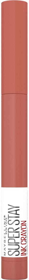 Ett mörkrosa-liknande läppstift med vit etikett som säger 'Super Stay Ink Crayon' och en färgkapsel.