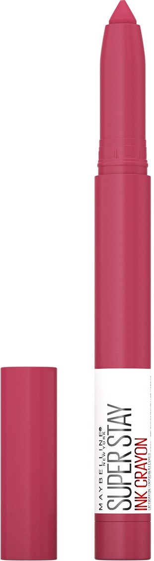 Rosa läppstiftspenna med lock, etiketten säger 'Maybelline Superstay Ink Crayon.'