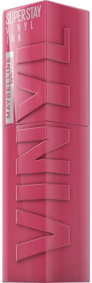 En lång, rosa läppstiftförpackning märkt Maybelline Super Stay Vinyl Ink, med stora upphöjda bokstäver som stavar 'VIVID'.